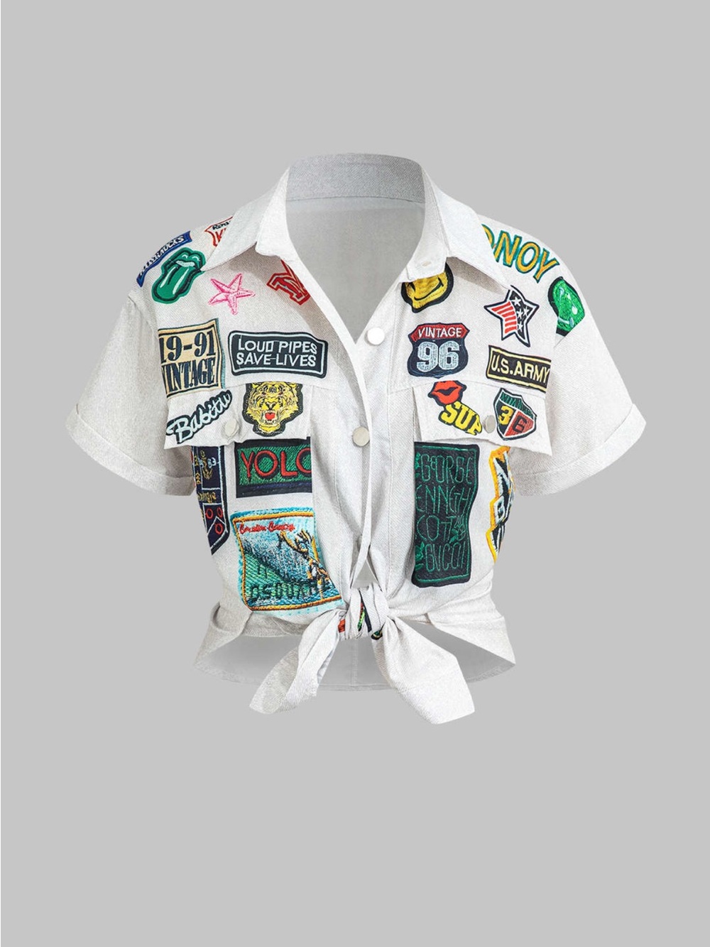 White Patchwork Tie-Front Crop Shirt - Womens Casual Top
